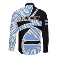 Long sleeve button shirt with blue zebra pattern panels and “YOUR TEXT” design