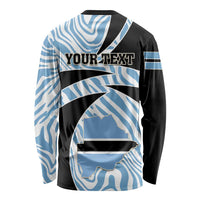 Unisex long-sleeve shirt, black and blue zebra back print with YOUR TEXT and map