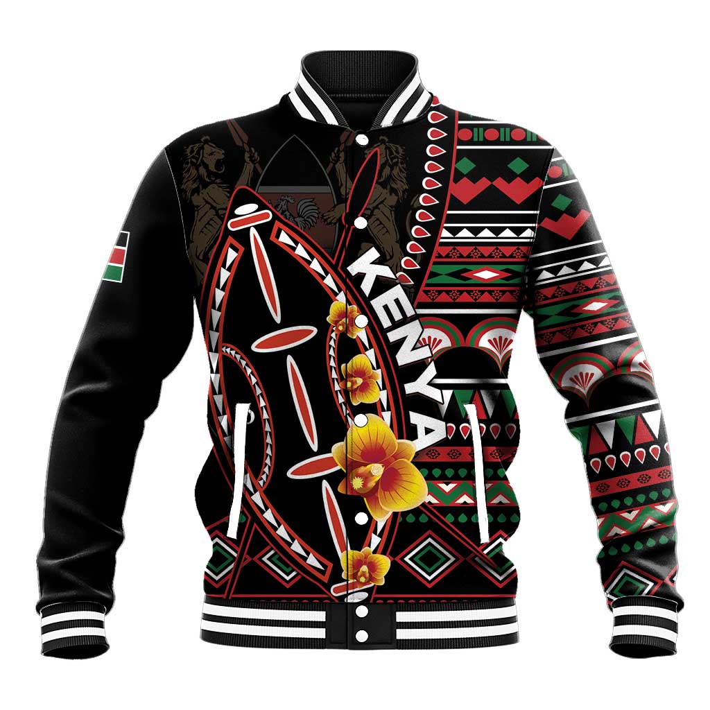 Black baseball jacket with button front, patterned sleeves, ribbed collar, large front graphic