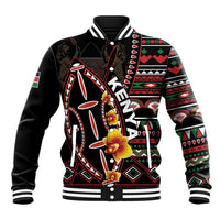 Black baseball jacket with button front, patterned sleeves, ribbed collar, large front graphic
