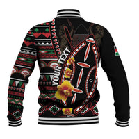 Black baseball jacket with patterned sleeves, varsity collar, ribbed cuffs, bold back graphic