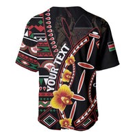 Personalized black baseball jersey, back view, red-green geometric tribal print