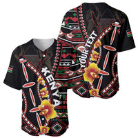 Personalized black baseball jersey, front and side angles, bold tribal print with flowers
