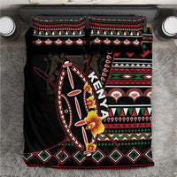Black bedding set on gray rug: Kenya shield center with red green tribal bands