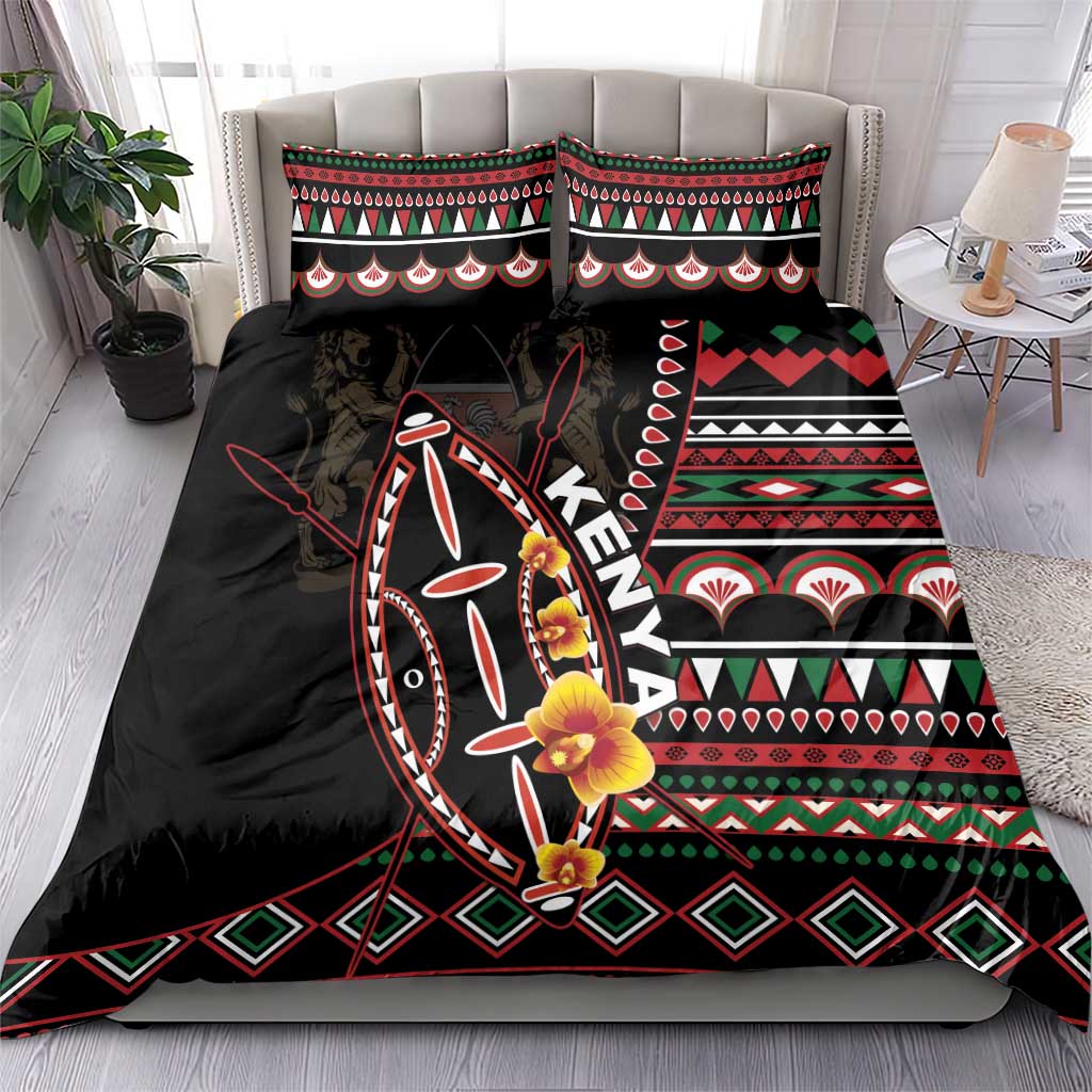 Black duvet cover and two pillows with Kenya shield graphic and red green geometric trim