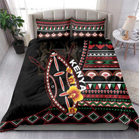 Black duvet cover and two pillows with Kenya shield graphic and red green geometric trim