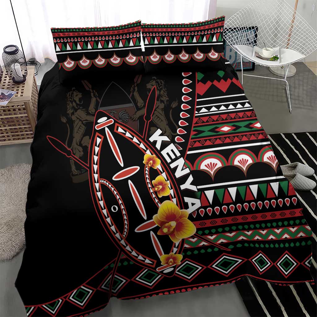 Black duvet cover close-up: Kenya shield, red green patterned bands, floral accents