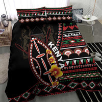 Black duvet cover close-up: Kenya shield, red green patterned bands, floral accents