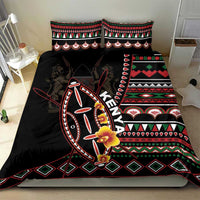 Black bedding set with Kenya shield graphic, red green patterns, and floral accents