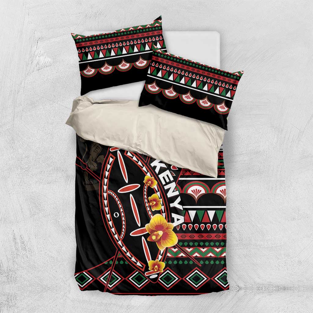 Black bedding set with Kenya shield on duvet and pillowcases, colorful tribal stripe design