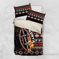 Black bedding set with Kenya shield on duvet and pillowcases, colorful tribal stripe design