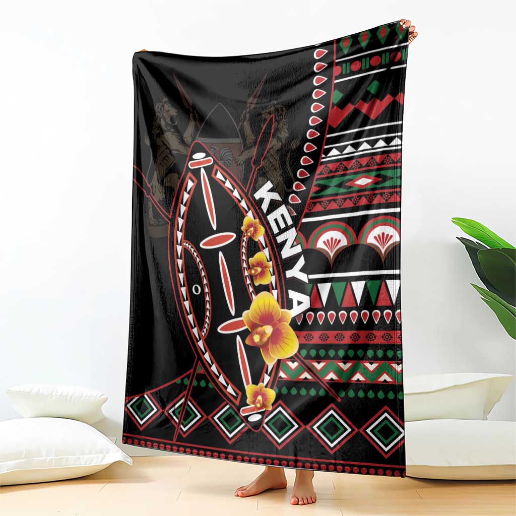 Black Kenya throw blanket with shield motif, floral accents, and red green white geometric border
