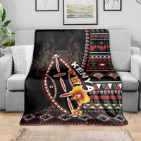 Black Kenya blanket with shield design, flower details, and red green white patterned edging