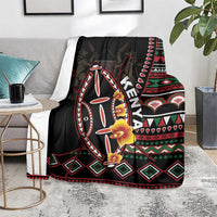 Black Kenya throw blanket featuring shield artwork with red green white patterns and flower accents