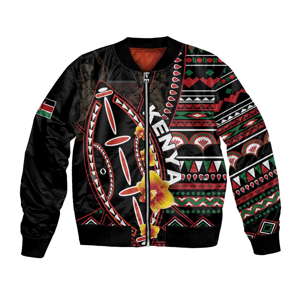Black unisex bomber jacket with colorful tribal print, front zipper and ribbed cuffs