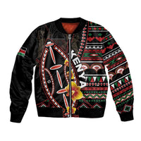 Black unisex bomber jacket with colorful tribal print, front zipper and ribbed cuffs