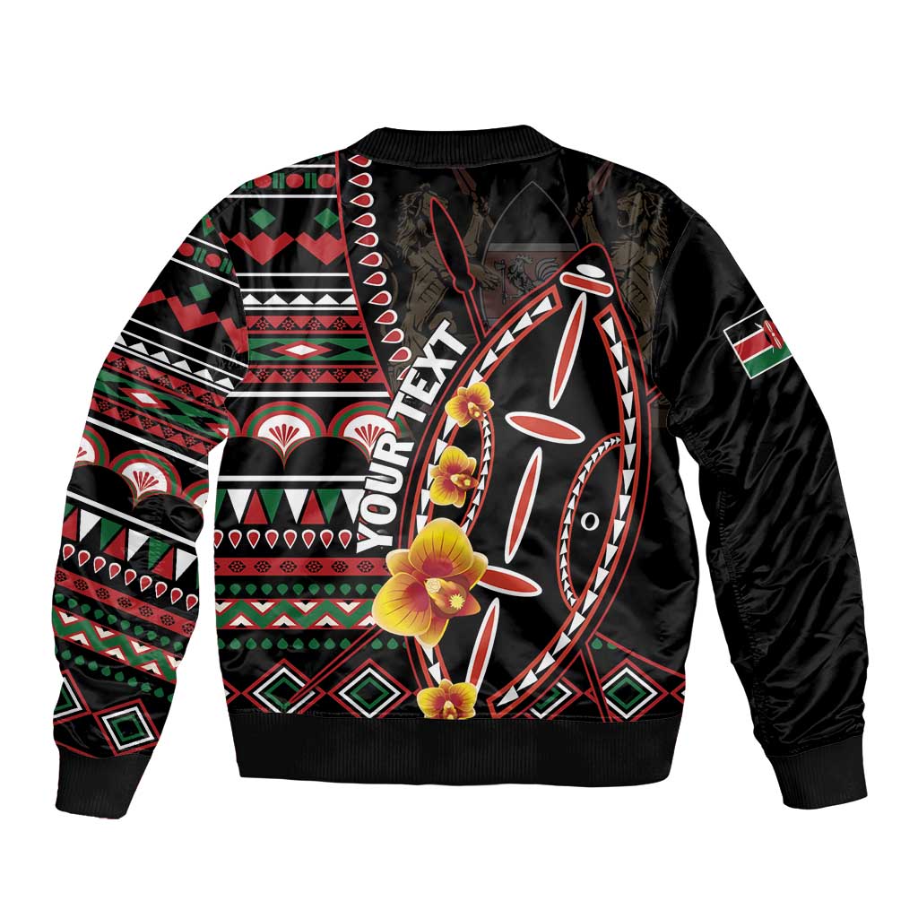 Black unisex bomber jacket with colorful tribal graphic, zip front, ribbed hem and collar
