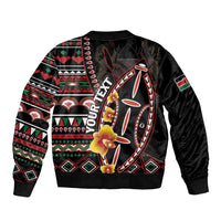 Black unisex bomber jacket with colorful tribal graphic, zip front, ribbed hem and collar