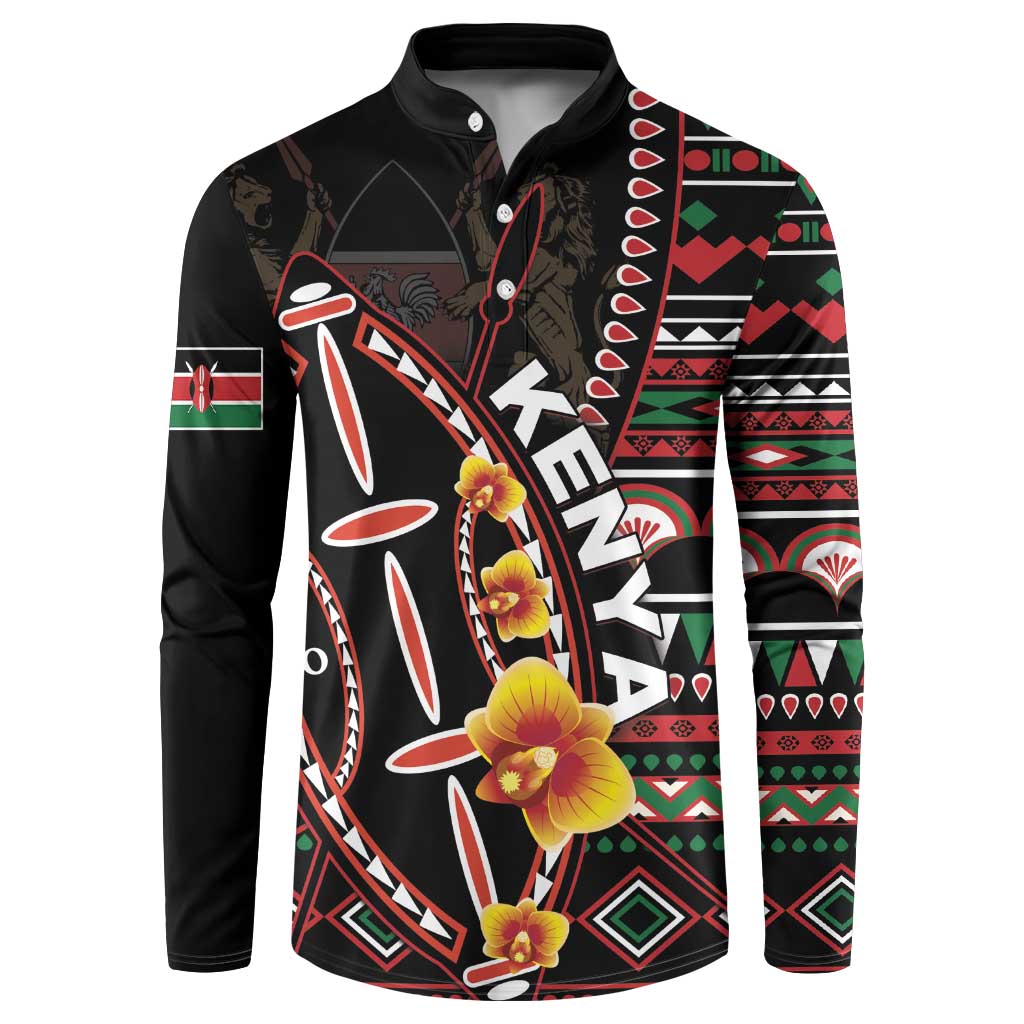Black long-sleeve button sweatshirt with bold red green patterned graphic