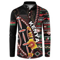 Black long-sleeve button sweatshirt with bold red green patterned graphic