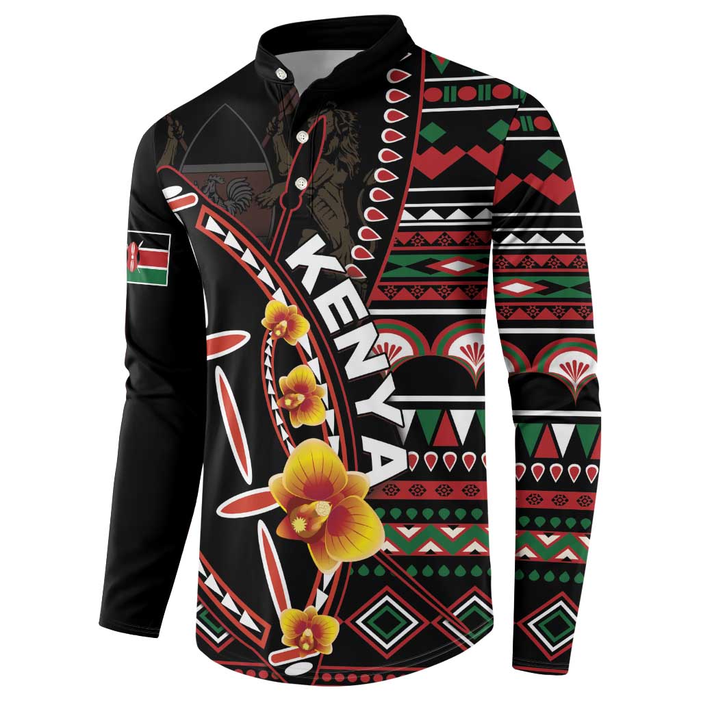 Black long-sleeve button sweatshirt with large floral and tribal print