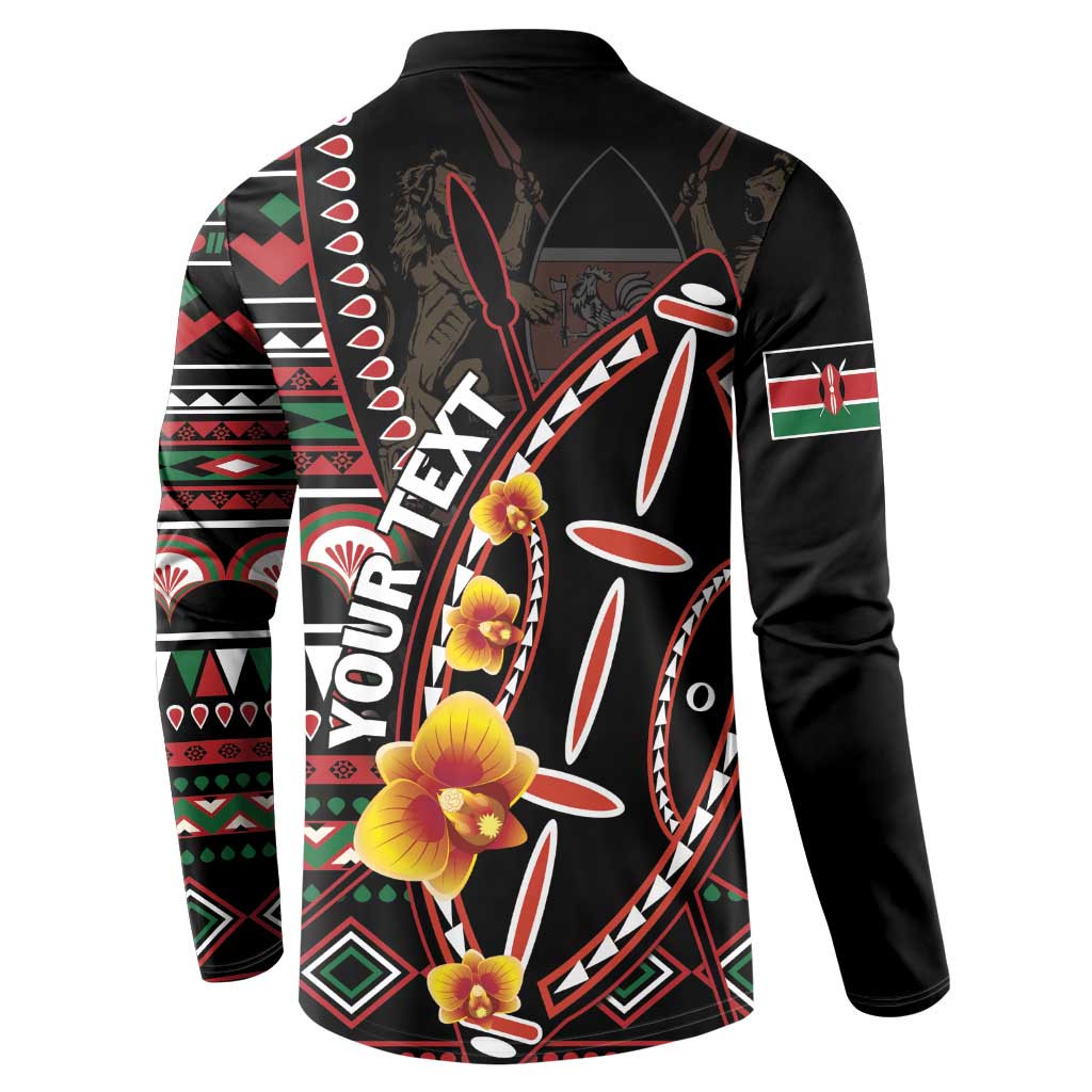 Black long-sleeve button sweatshirt showing back graphic with floral accents