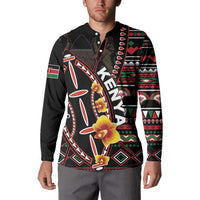 Black long-sleeve button sweatshirt worn front view with multicolor pattern