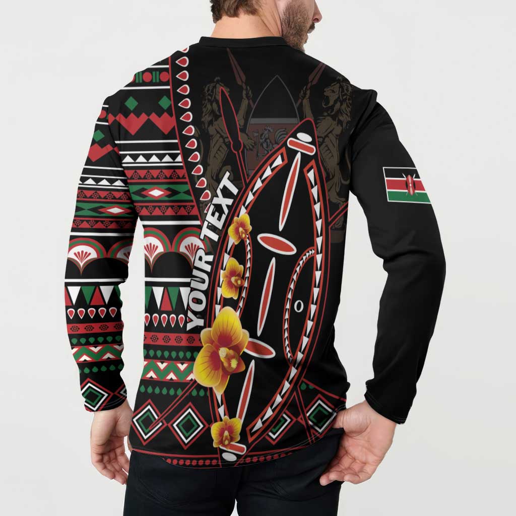 Black long-sleeve button sweatshirt worn back view with floral tribal print