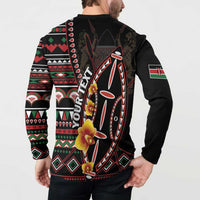 Black long-sleeve button sweatshirt worn back view with floral tribal print