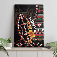 Kenya shield canvas wall art in black with flowers and geometric tribal border patterns.