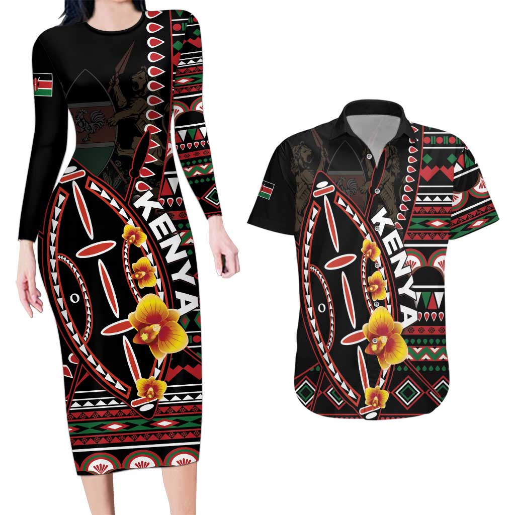 Personalized Kenya Couples Matching Long Sleeve Bodycon Dress and Hawaiian Shirt Jamhuri ya Kenya Shield