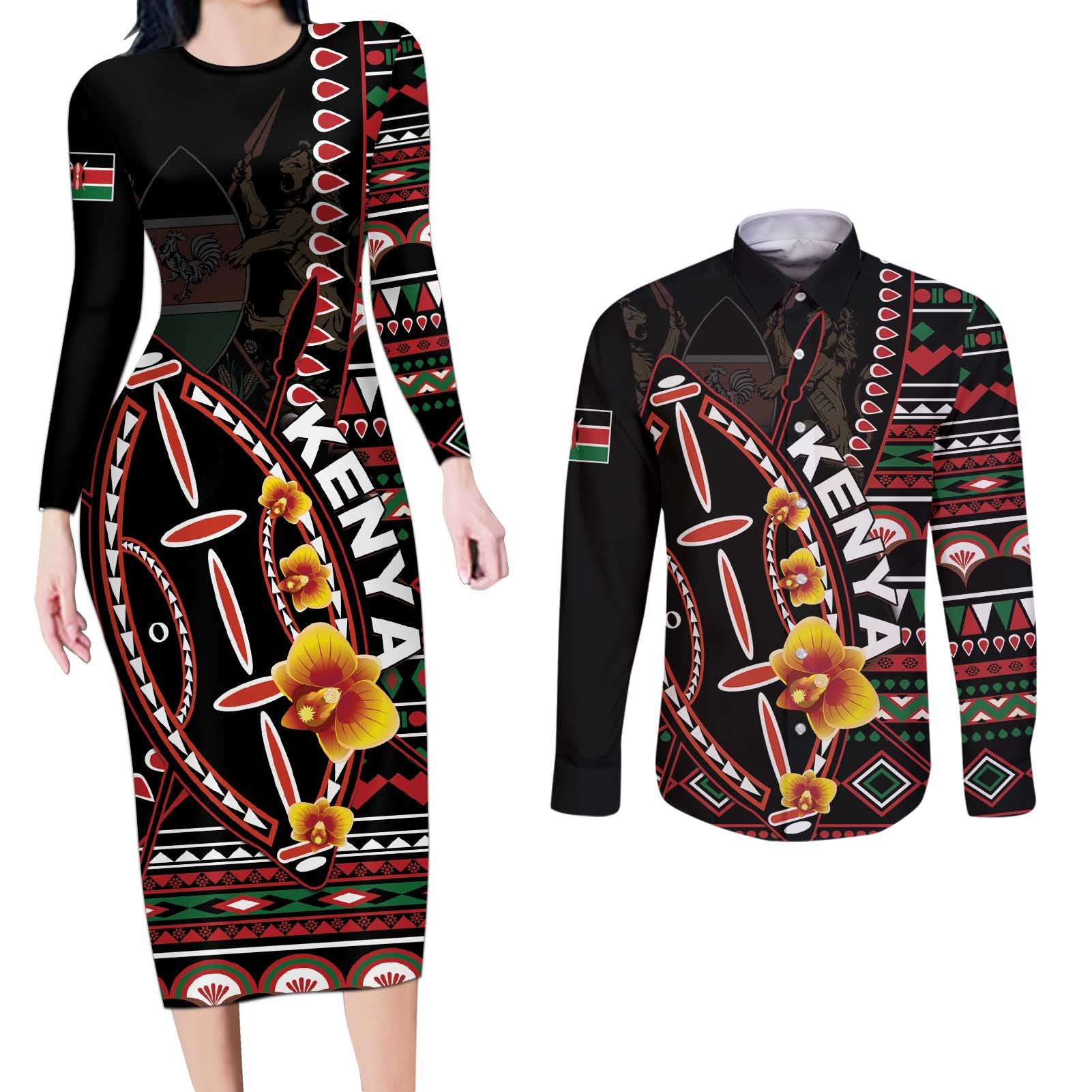 Personalized Kenya Couples Matching Long Sleeve Bodycon Dress and Long Sleeve Button Shirt Jamhuri ya Kenya Shield