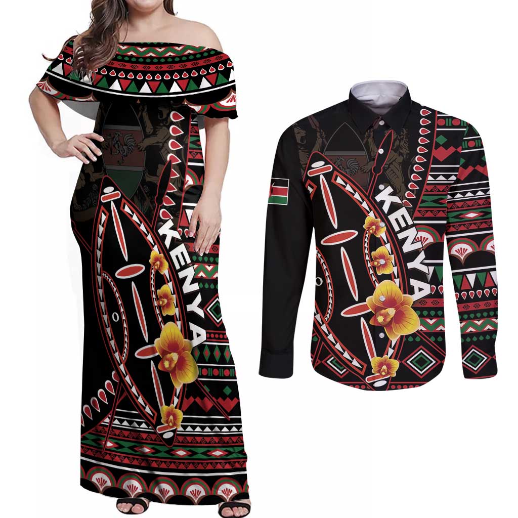 Personalized Kenya Couples Matching Off Shoulder Maxi Dress and Long Sleeve Button Shirt Jamhuri ya Kenya Shield