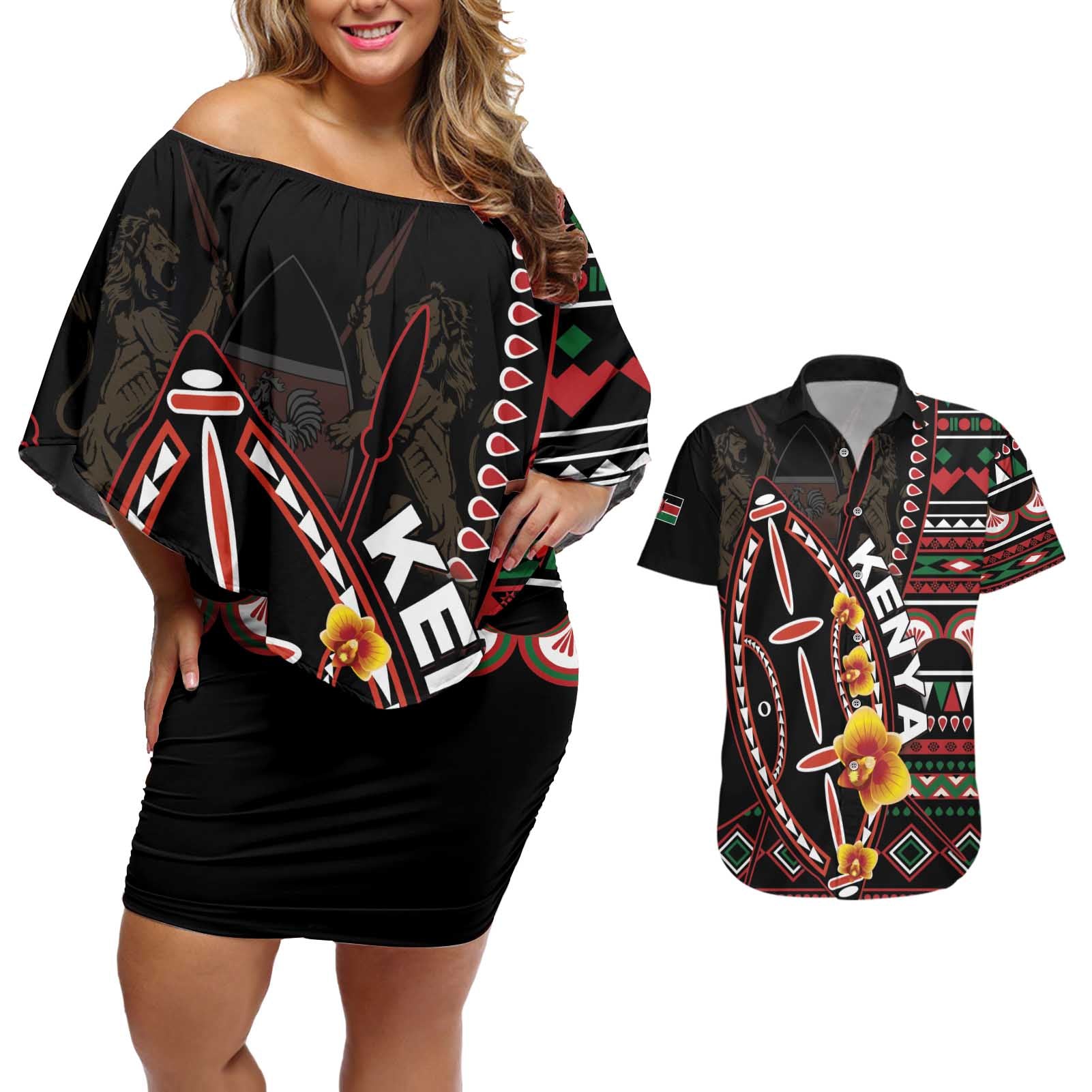 Personalized Kenya Couples Matching Off Shoulder Short Dress and Hawaiian Shirt Jamhuri ya Kenya Shield