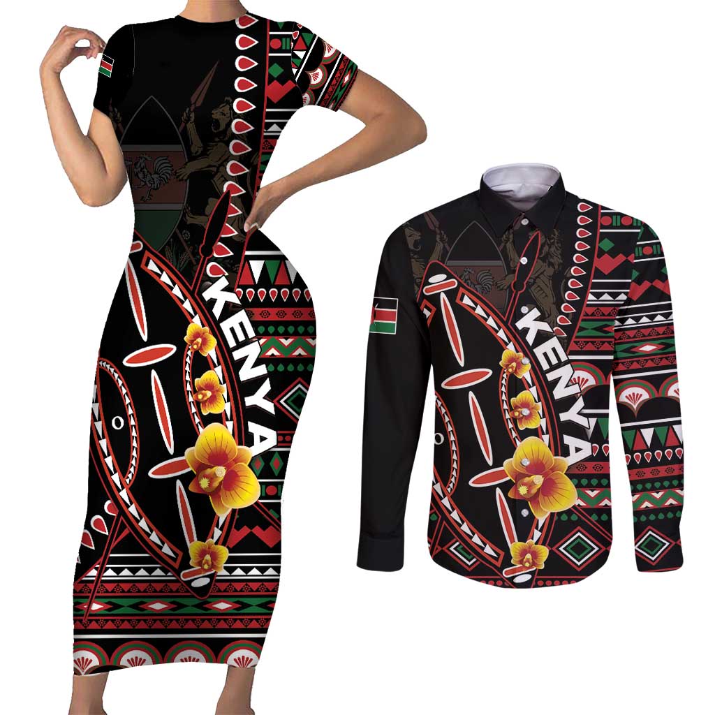 Personalized Kenya Couples Matching Short Sleeve Bodycon Dress and Long Sleeve Button Shirt Jamhuri ya Kenya Shield