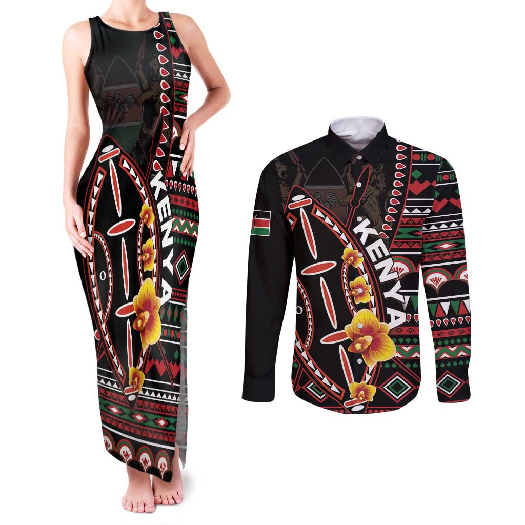 Personalized Kenya Couples Matching Tank Maxi Dress and Long Sleeve Button Shirt Jamhuri ya Kenya Shield