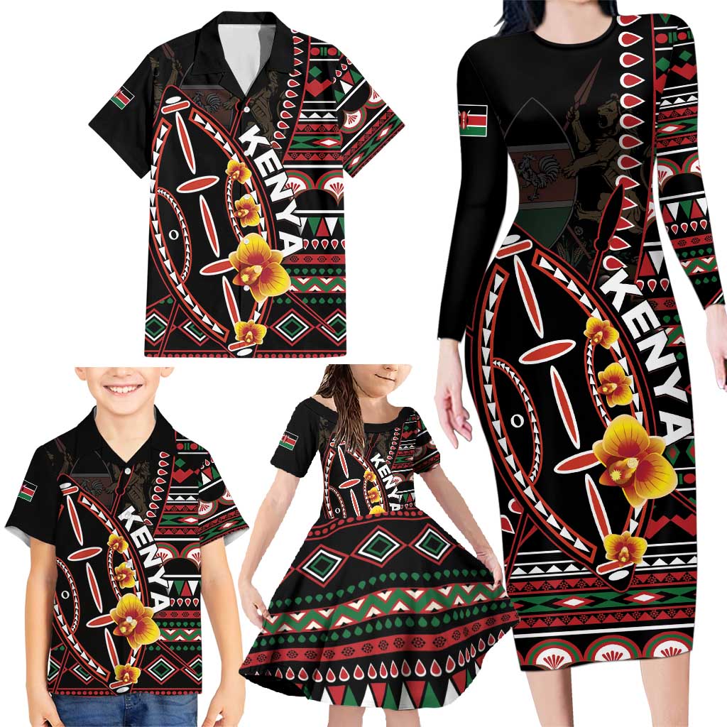 Personalized Kenya Family Matching Long Sleeve Bodycon Dress and Hawaiian Shirt Jamhuri ya Kenya Shield