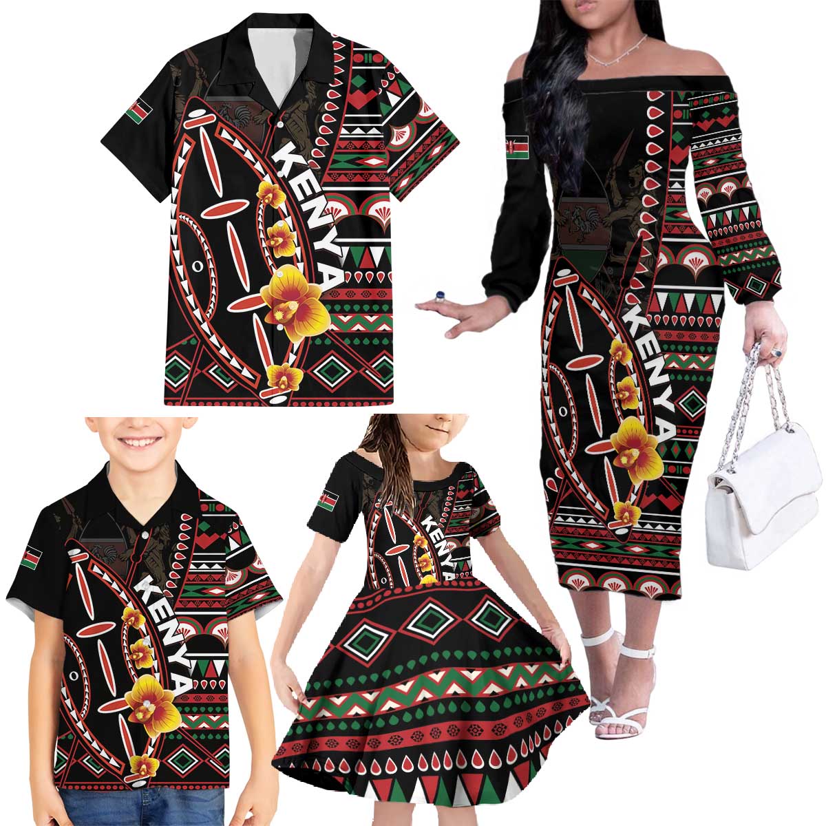 Personalized Kenya Family Matching Off The Shoulder Long Sleeve Dress and Hawaiian Shirt Jamhuri ya Kenya Shield