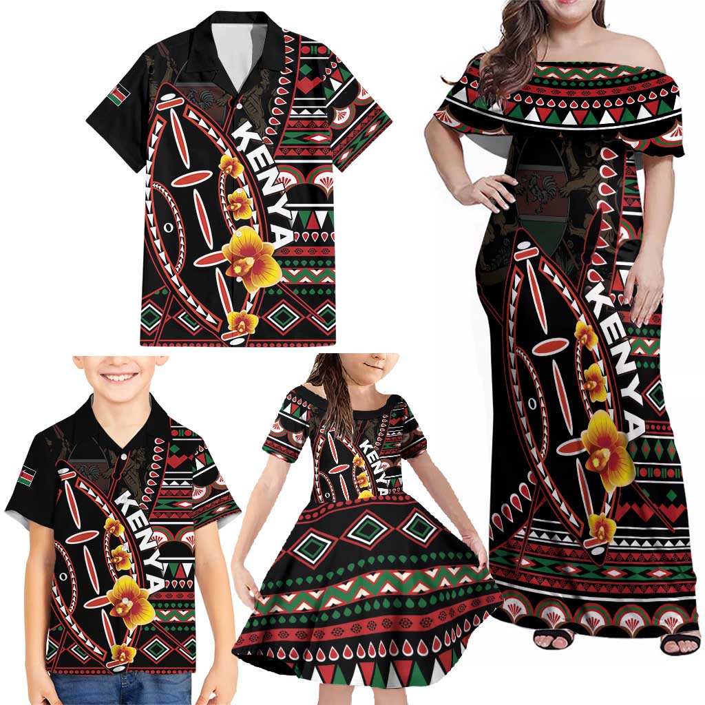 Personalized Kenya Family Matching Off Shoulder Maxi Dress and Hawaiian Shirt Jamhuri ya Kenya Shield