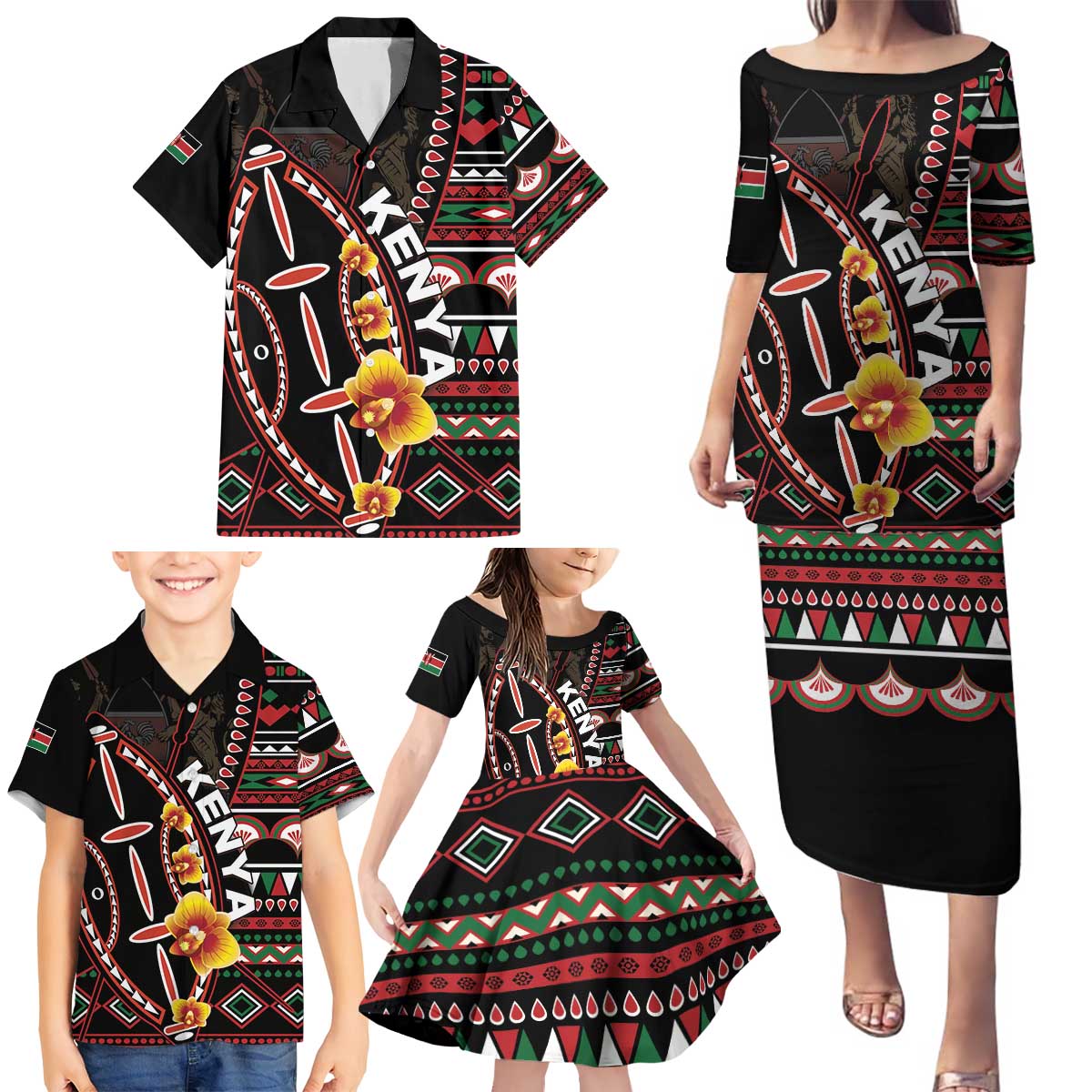 Personalized Kenya Family Matching Puletasi and Hawaiian Shirt Jamhuri ya Kenya Shield