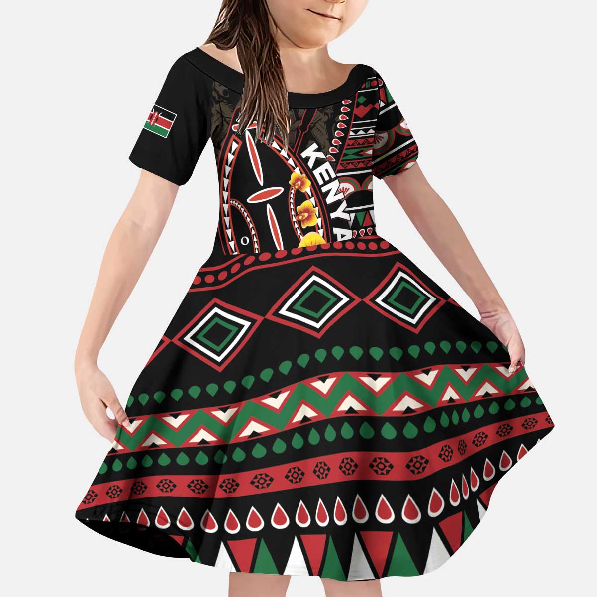 Personalized Kenya Kid Short Sleeve Dress Jamhuri ya Kenya Shield