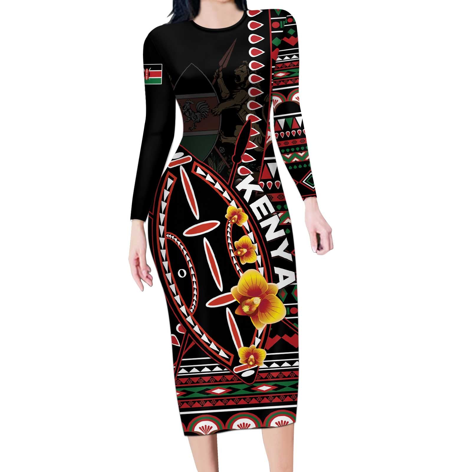 Personalized Kenya Long Sleeve Bodycon Dress Jamhuri ya Kenya Shield