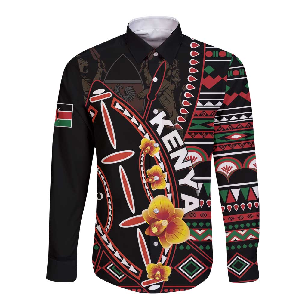 Black long-sleeve button shirt with colorful tribal print and floral accents
