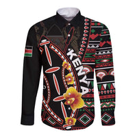Black long-sleeve button shirt with colorful tribal print and floral accents