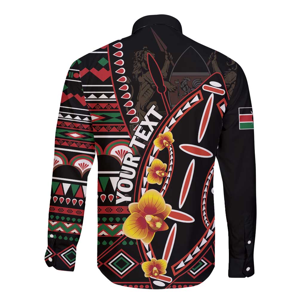 Black long-sleeve button shirt with colorful tribal border print and large back flowers
