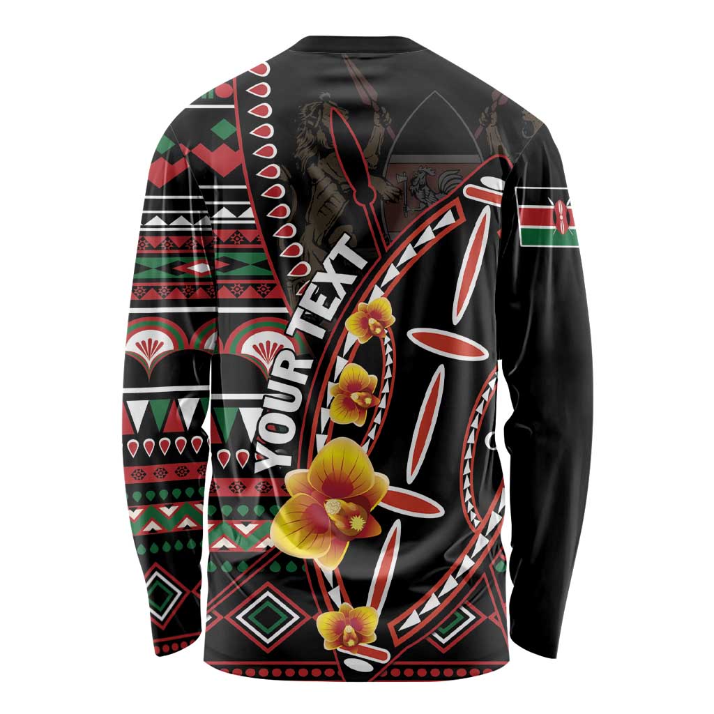 Unisex black long-sleeve shirt with back butterfly-and-flower print and bold text