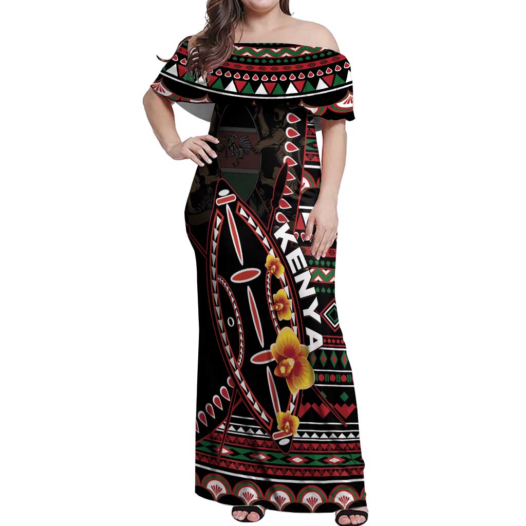 Personalized Kenya Off Shoulder Maxi Dress Jamhuri ya Kenya Shield