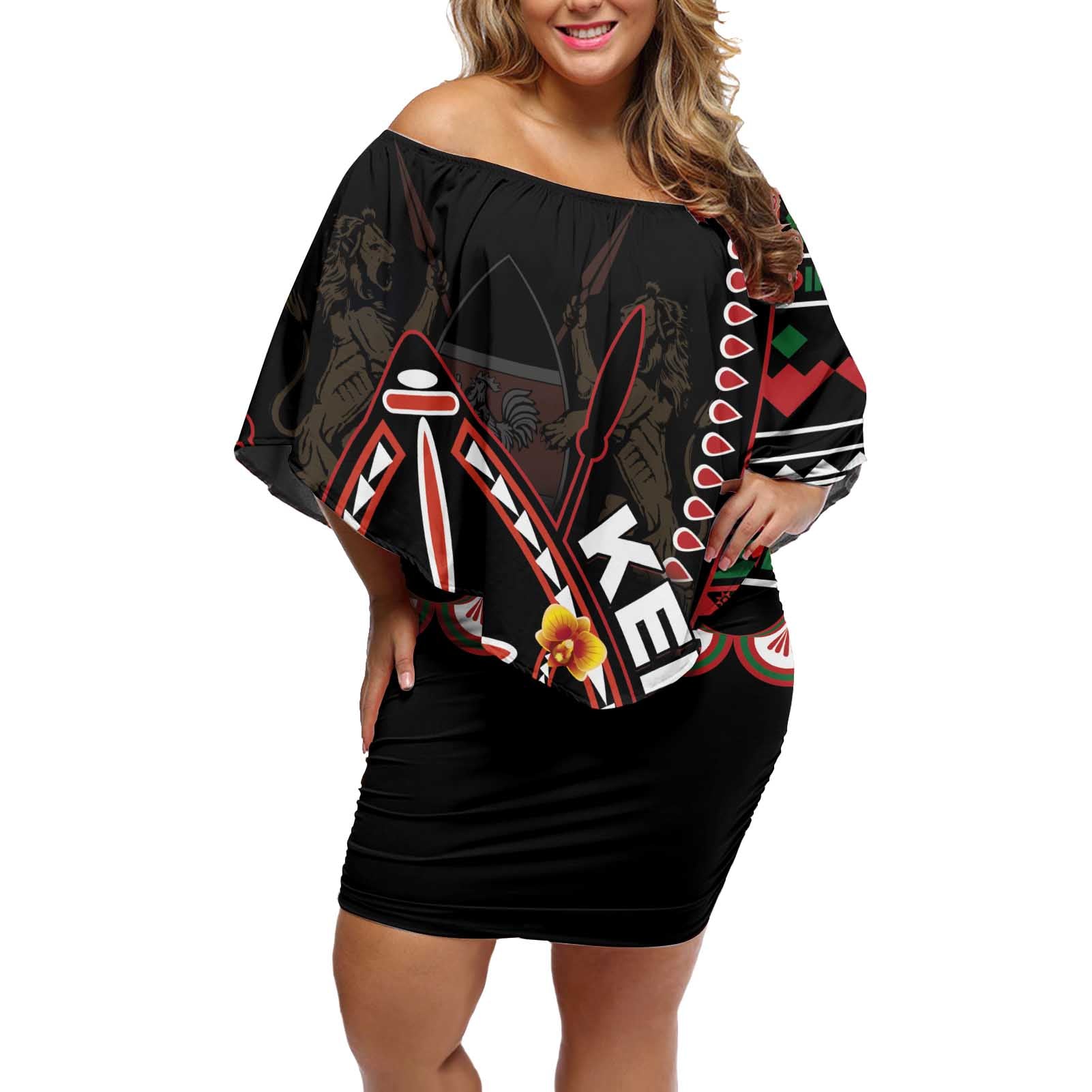 Personalized Kenya Off Shoulder Short Dress Jamhuri ya Kenya Shield