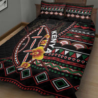 Black quilt bed set with large Kenya shield artwork and red/green geometric borders