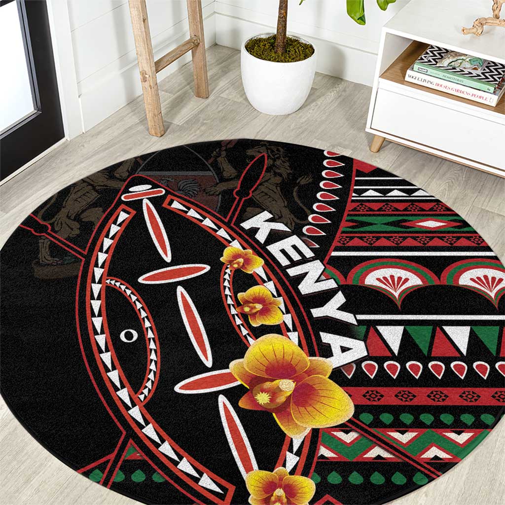 Round black carpet with tribal pattern, shield motif, and yellow flower accents